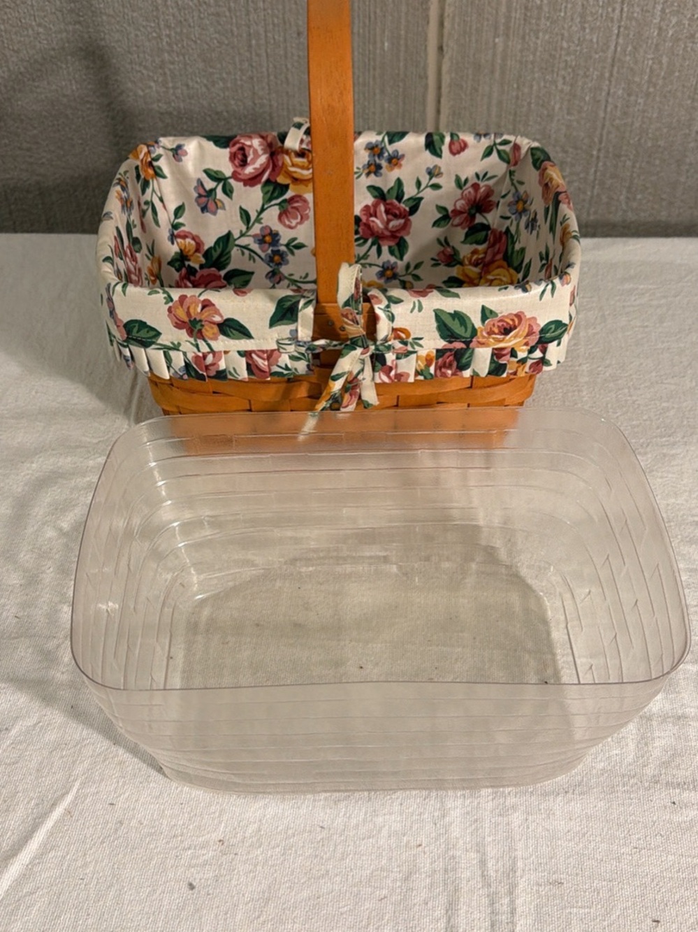 Longaberger Floral Lined Woven Basket with Tan Handle